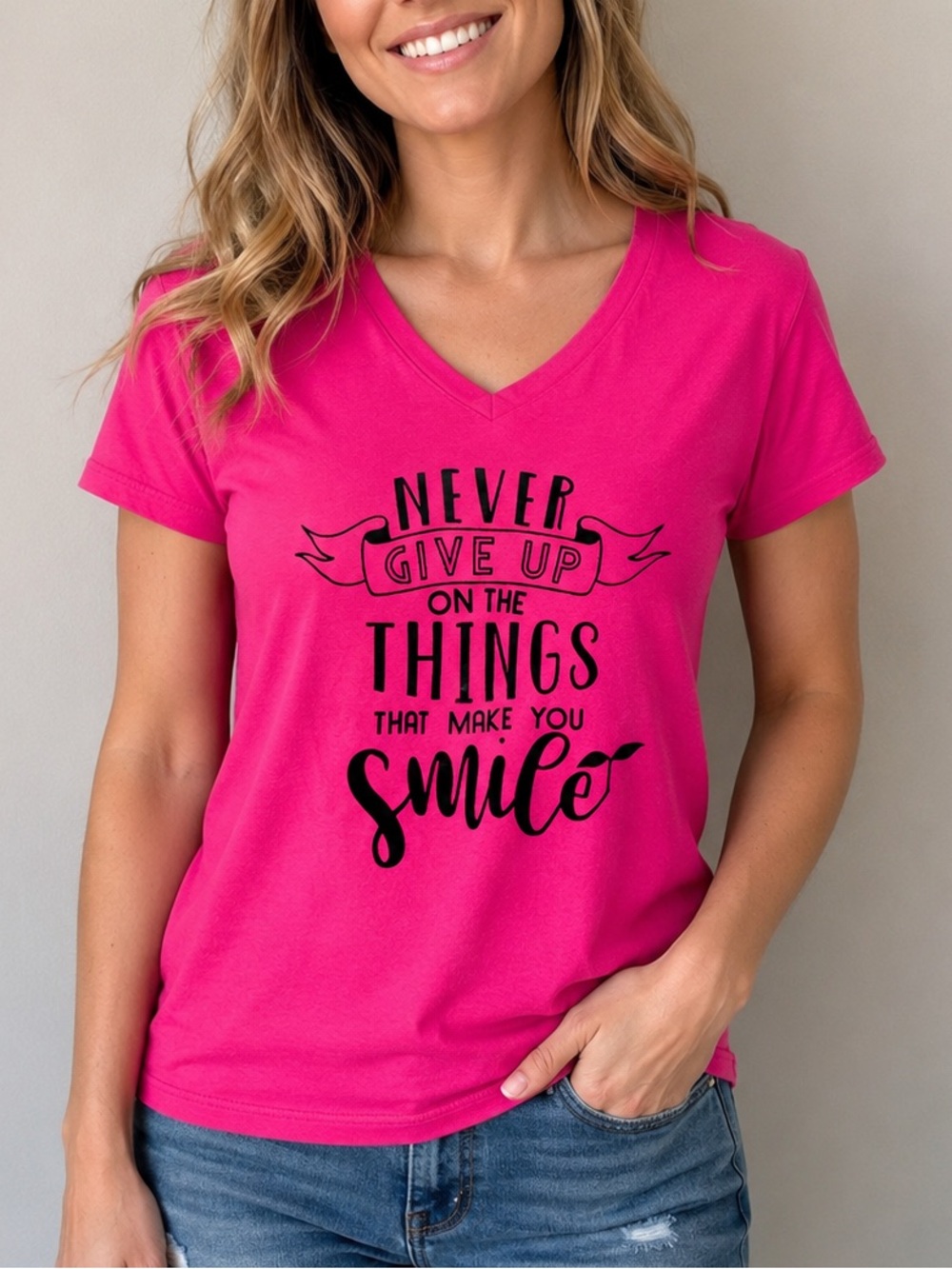 Gildan Never Give Up Graphic Tee Pink V-Neck Short Sleeve T-Shirt Women’s Large
